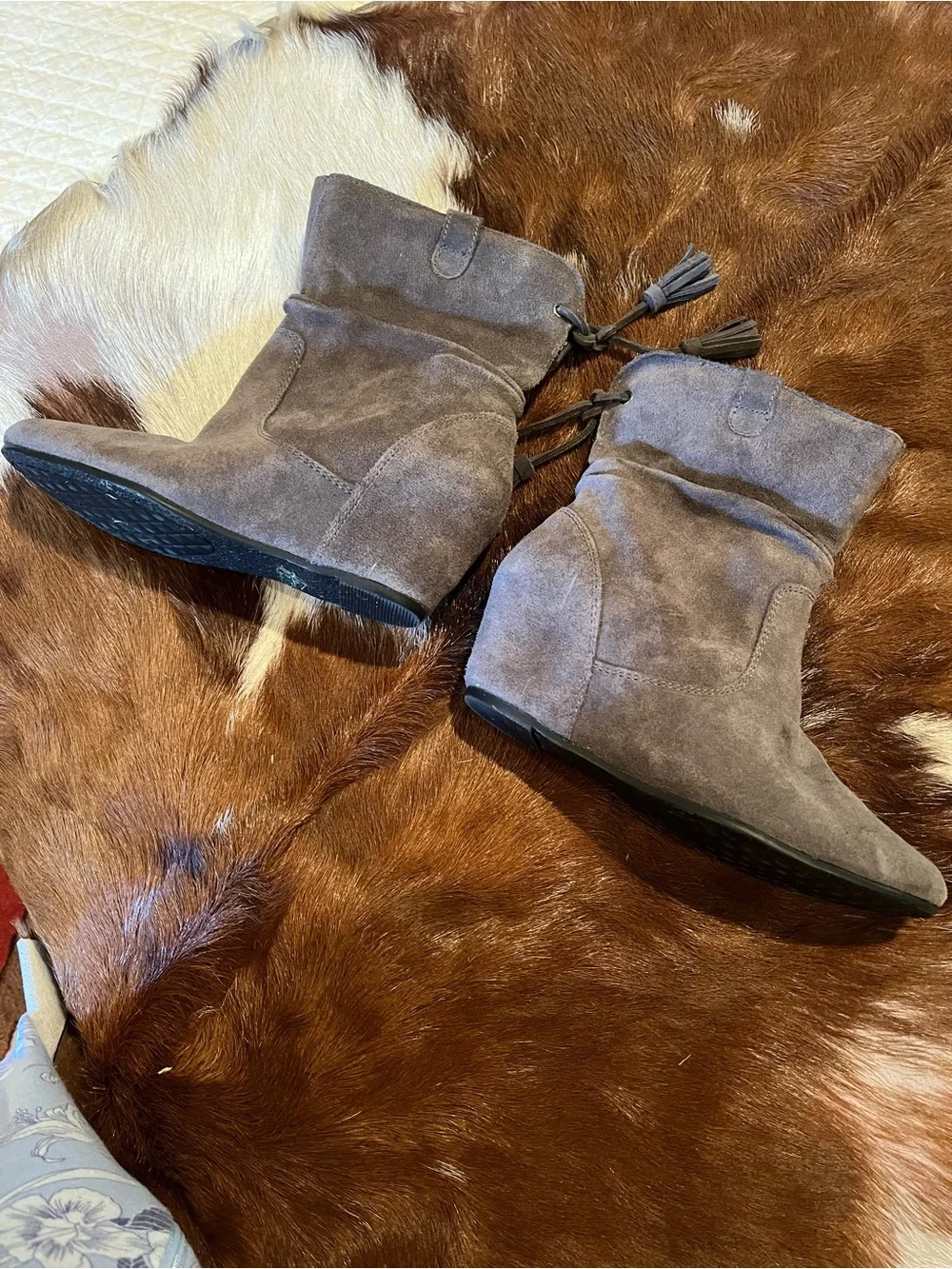 White Mountain Taupe Suede Wedge Ankle Boots with Tassel Zipper